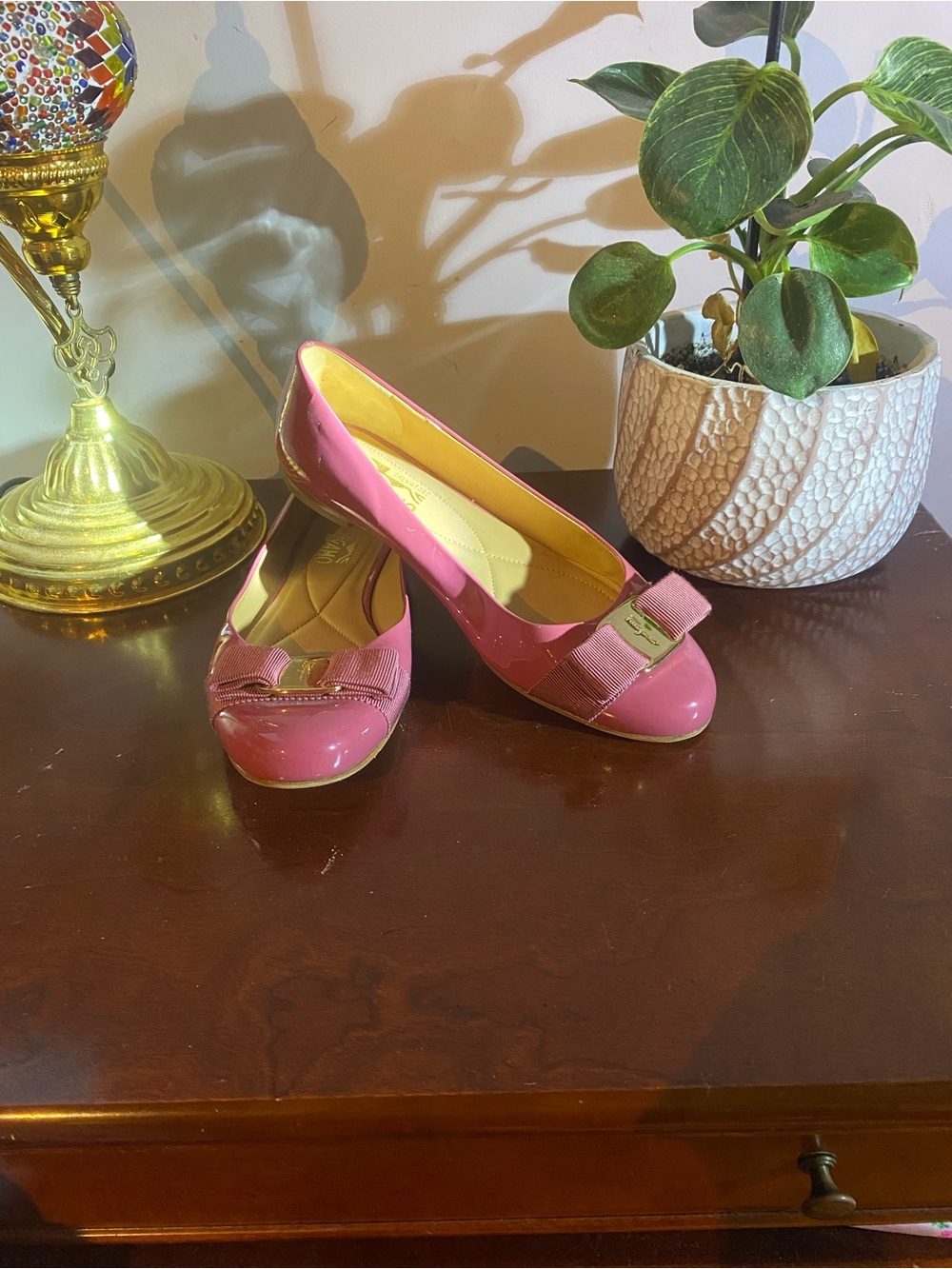 Salvatore Ferragamo Pink Patent Leather Bow Flats